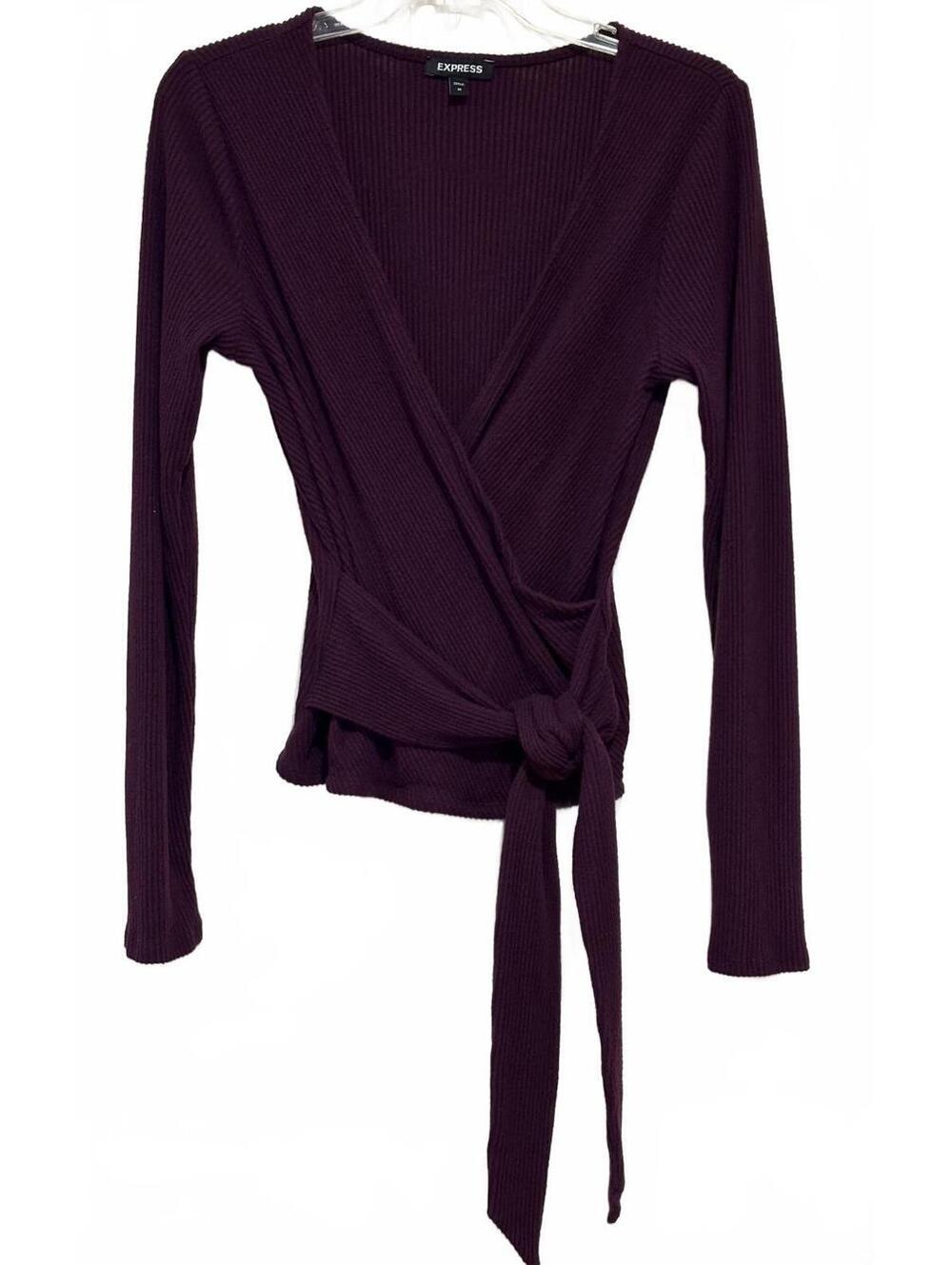Express Ribbed Wrap Tie Front Sweater Top Medium Plum Purple